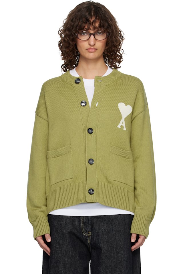 AMI Paris — Green Wool Crewneck Ami de Coeur Cardigan