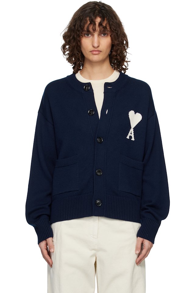 AMI Paris — Navy Wool Crewneck Ami de Coeur Cardigan
