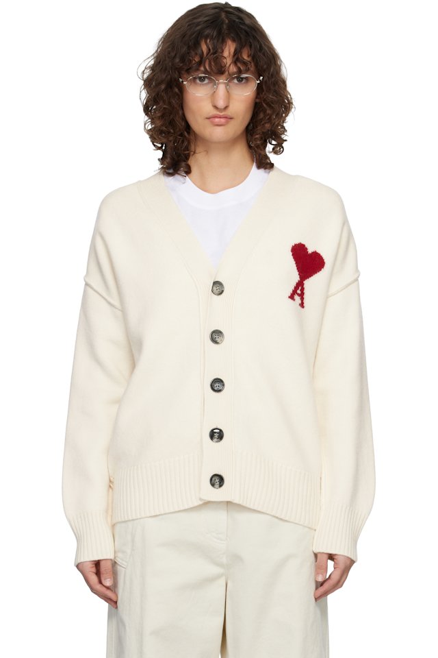 AMI Paris — Off-White Wool Ami de Coeur Cardigan