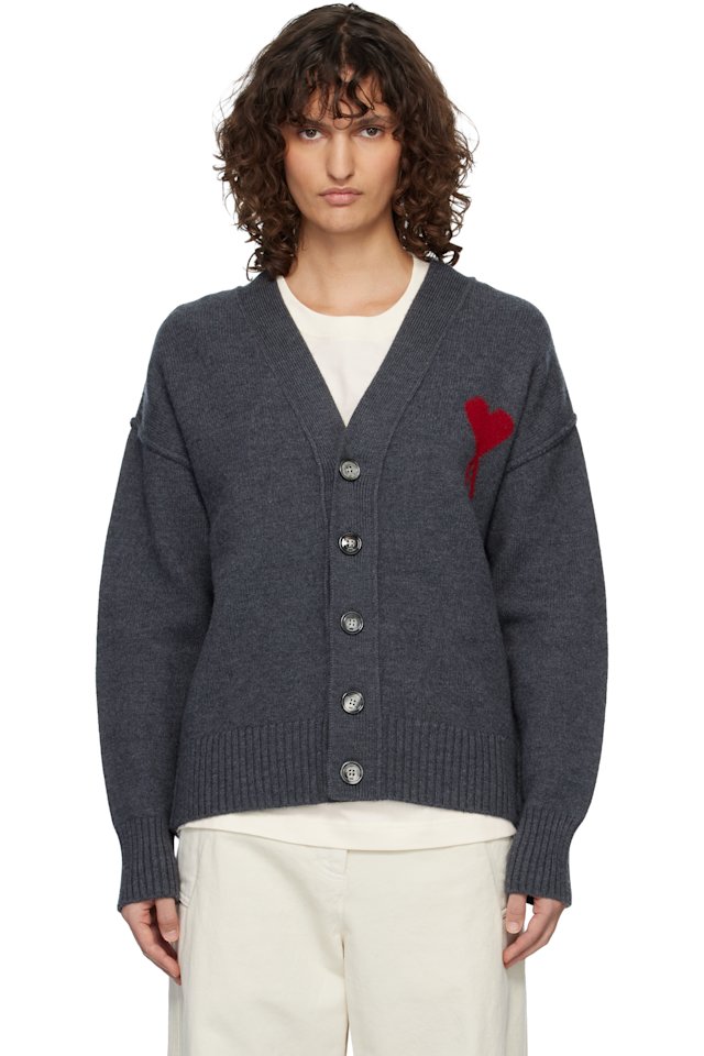 AMI Paris — Gray Wool Ami de Coeur Cardigan