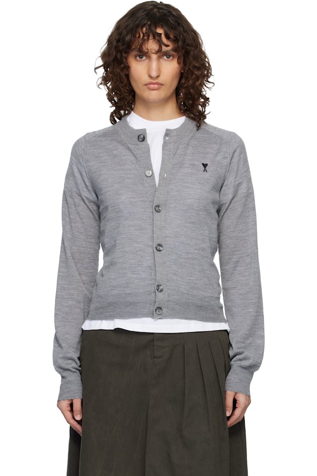 AMI Paris — Gray Wool Crewneck Ami de Coeur Cardigan