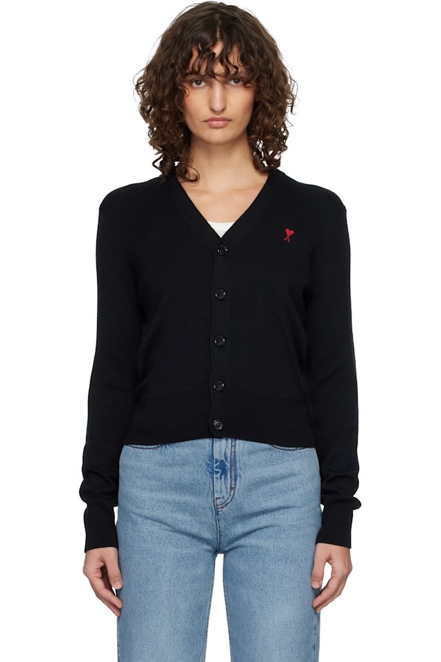 AMI Paris — Black Wool Ami de Coeur Cardigan