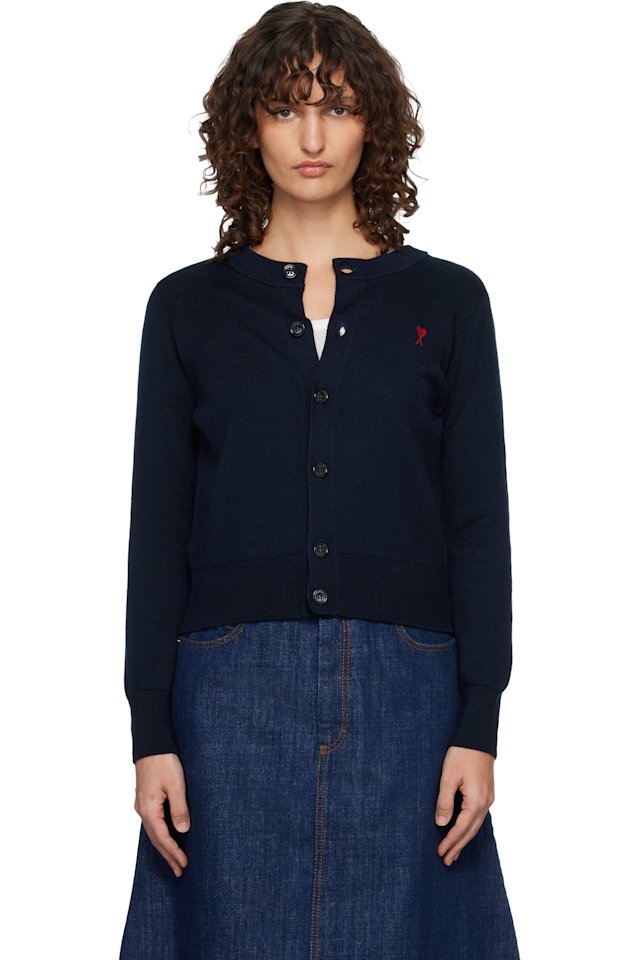 AMI Paris — Navy Wool Crewneck Ami de Coeur Cardigan