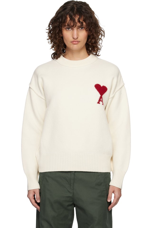 AMI Paris — Off-White Wool Crewneck Ami de Coeur Sweater