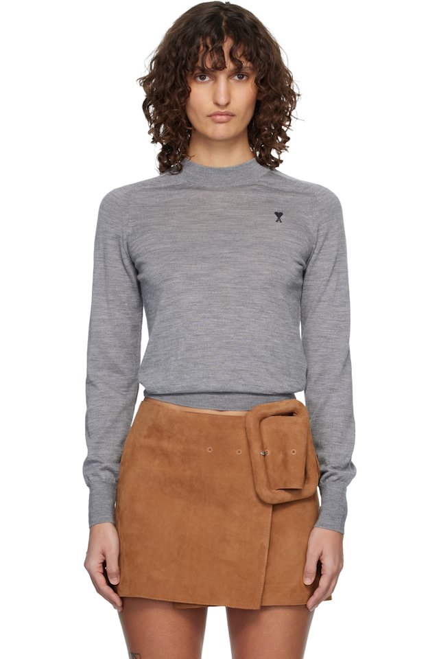 AMI Paris — Gray Wool Crewneck Ami de Coeur Sweater