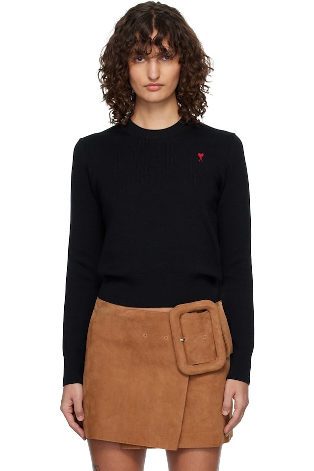 AMI Paris — Black Wool Ami De Coeur Crewneck Sweater