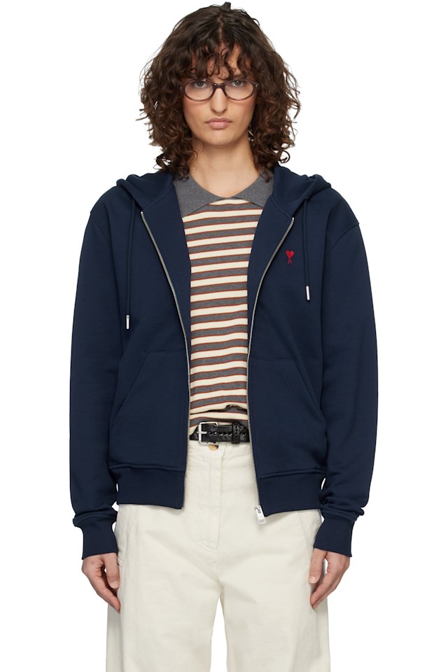 AMI Paris — Navy Ami de Coeur Zipped Hoodie