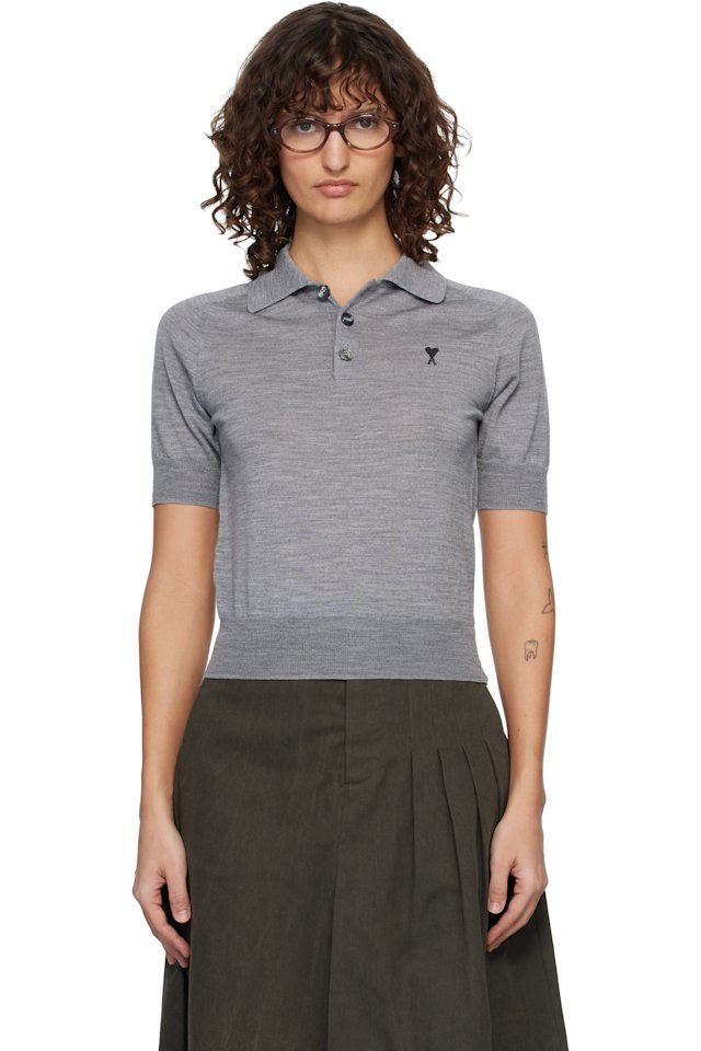 AMI Paris — Gray Wool Short Sleeves Ami De Coeur Polo