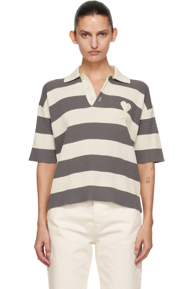 AMI Paris — Off-White & Gray Short Sleeves 'Ami de Coeur' Polo