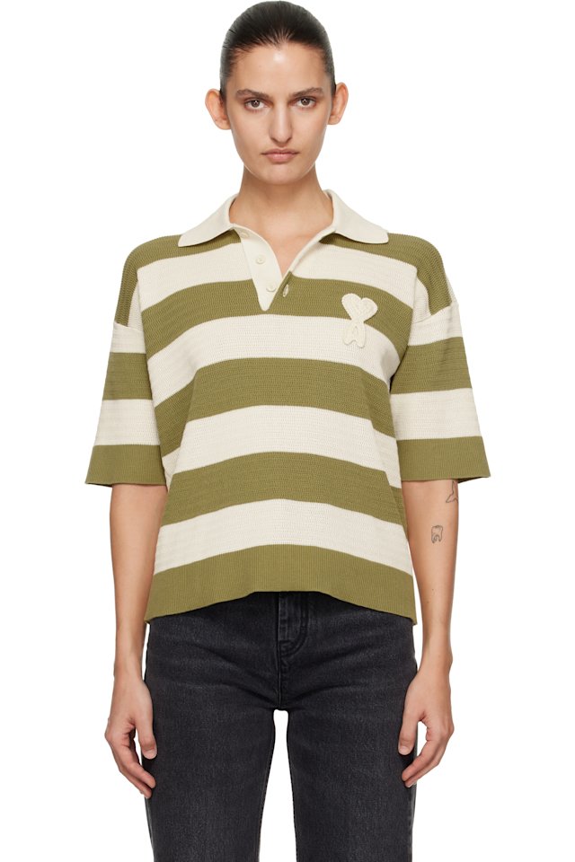 AMI Paris — Off-White & Green Short Sleeves 'Ami de Coeur' Polo