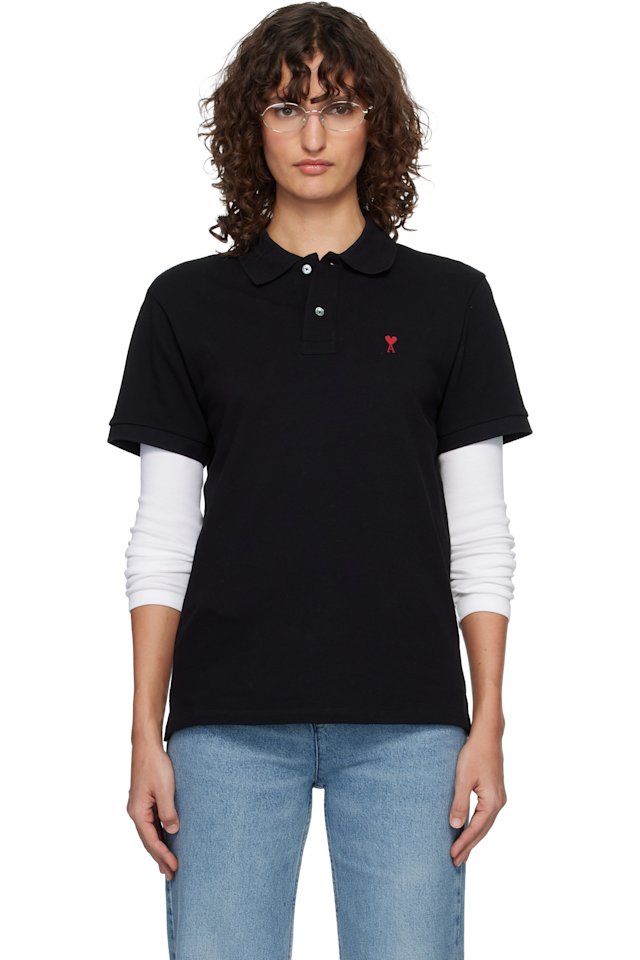 AMI Paris — Black Cotton Ami de Coeur Polo