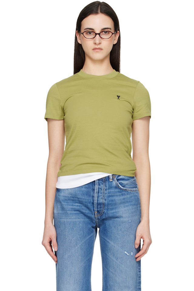 AMI Paris — Green Cotton Ami de Coeur Cropped T-shirt