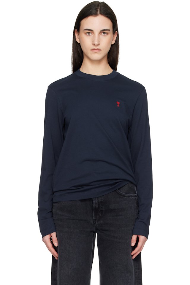 AMI Paris — Navy Cotton Ami de Coeur Long Sleeves T-shirt