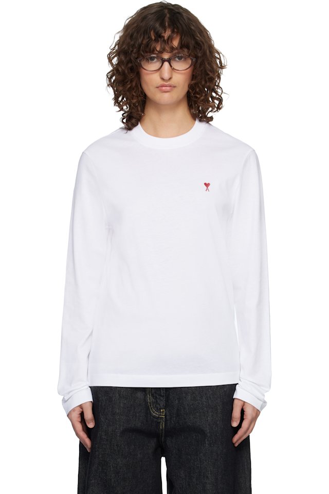 AMI Paris — White Ami de Coeur Long Sleeves T-shirt