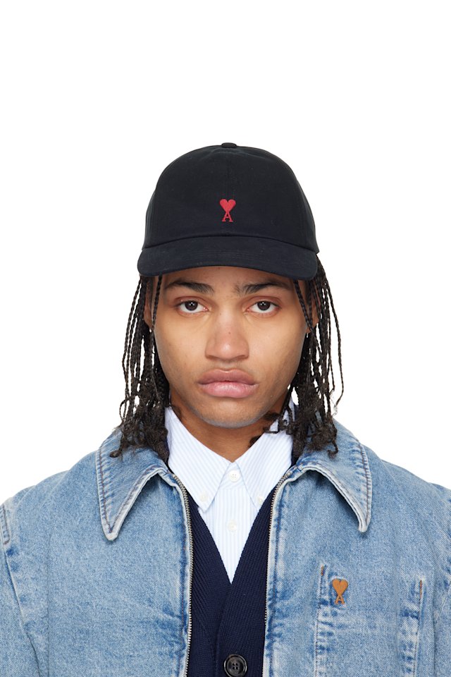 AMI Paris — Black Cotton Ami de Coeur Embroidery Cap