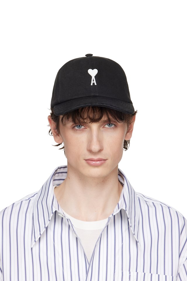 AMI Paris — Black Cotton 'Ami de Coeur' Felt Patch Cap