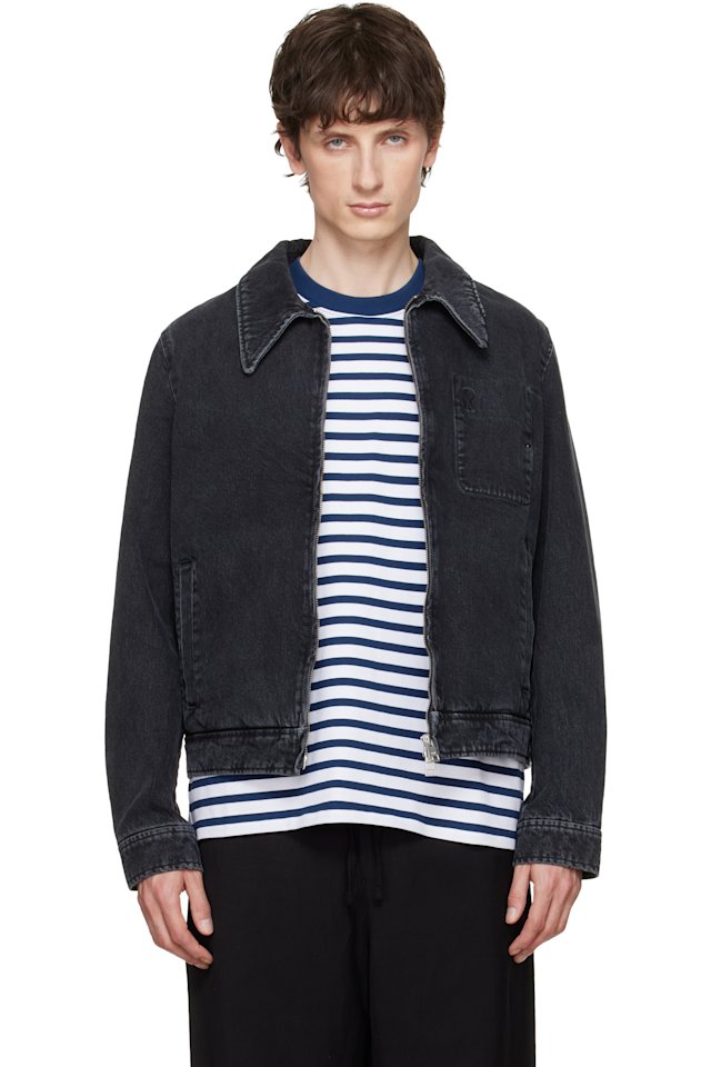 AMI Paris — Black 'Tonal Ami de Coeur' Zipped Denim Jacket