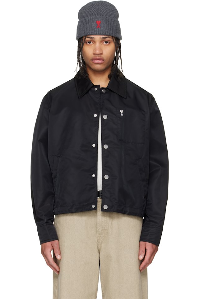 AMI Paris — Black Nylon 'Ami De Coeur' Stud Buttoned Jacket