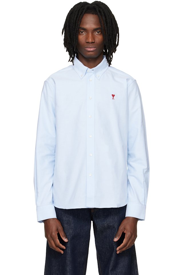 AMI Paris — Blue Classic Long Sleeve Button-Down Collar Embroidered ADC Shirt