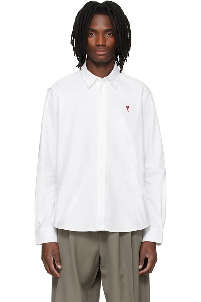 AMI Paris — White Classic Long Sleeve Button-Down Collar Embroidered ADC Shirt
