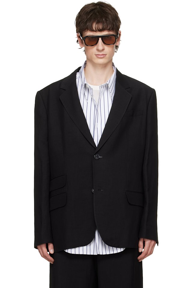 AMI Paris — Black Linen Blend Single-Breasted Straight Blazer