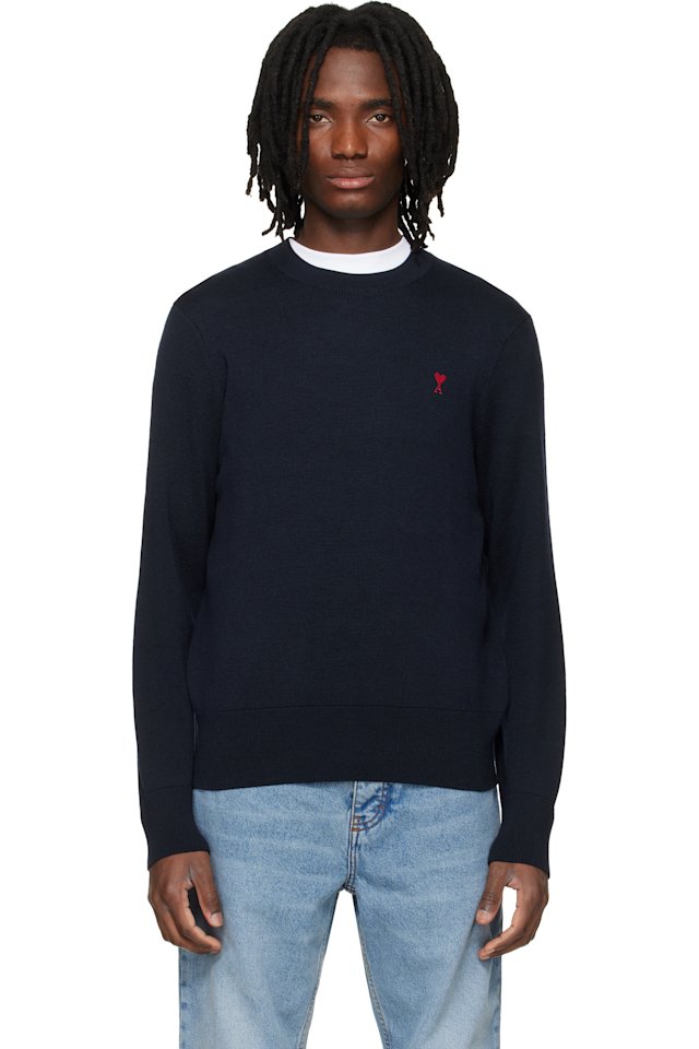 AMI Paris — Navy Wool Contrasted Ami de Coeur Crewneck Sweater