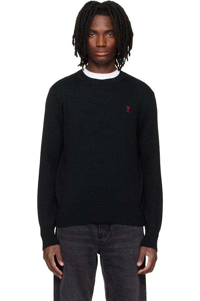 AMI Paris — Black Wool Contrasted Ami de Coeur Crewneck Sweater