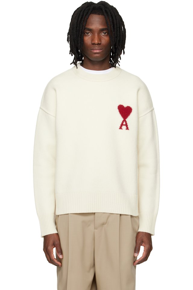 AMI Paris — Off-White Wool Contrasted Ami de Coeur Crewneck Sweater