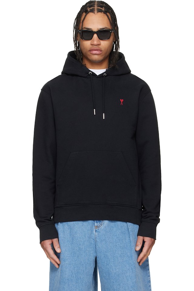 AMI Paris — Black Cotton Red Ami de Coeur Hoodie