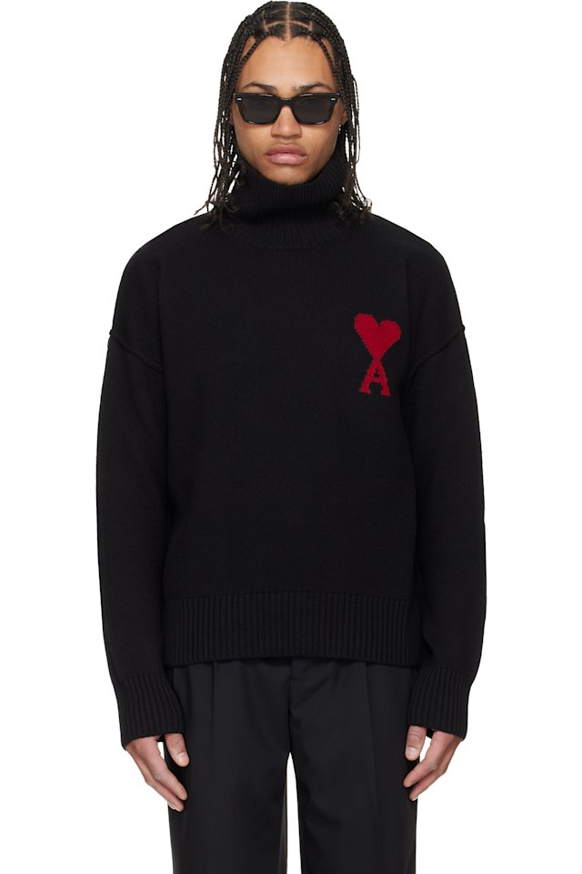 AMI Paris — Black Contrasted Ami de Coeur Funnel Neck Sweater