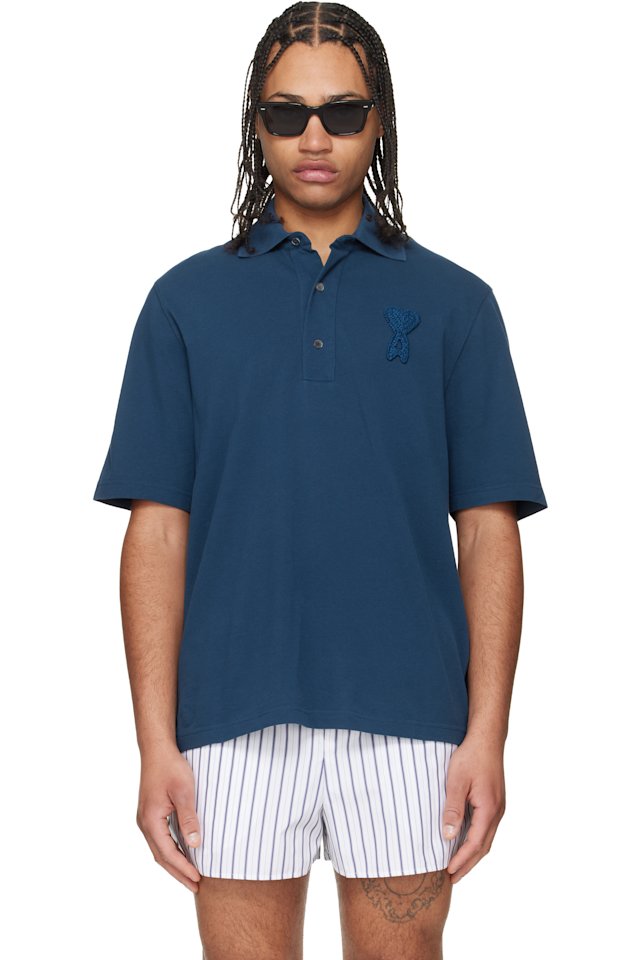 AMI Paris — Blue Cotton Ami de Coeur Knitted Patch Polo