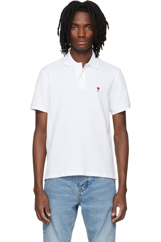 AMI Paris — White Cotton Red Ami de Coeur Polo