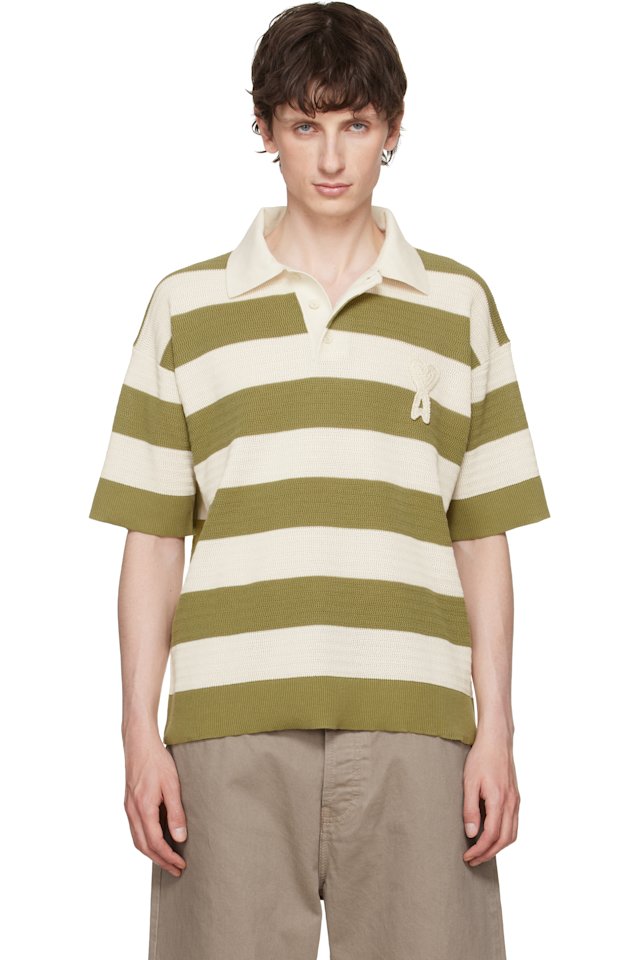 AMI Paris — Off-White & Green Cotton 'Ami de Coeur' Polo