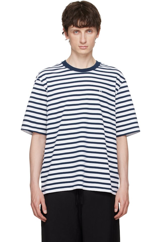 AMI Paris — White & Navy Boxy Mariniere 'Ami de Coeur' T-shirt