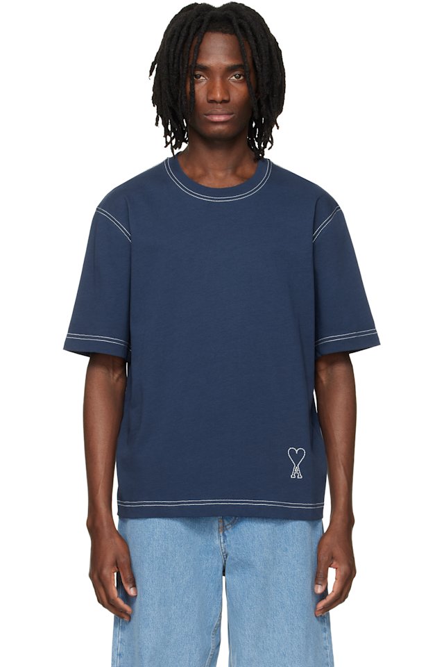 AMI Paris — Blue Boxy Fit Topstitched Ami de Coeur T-shirt