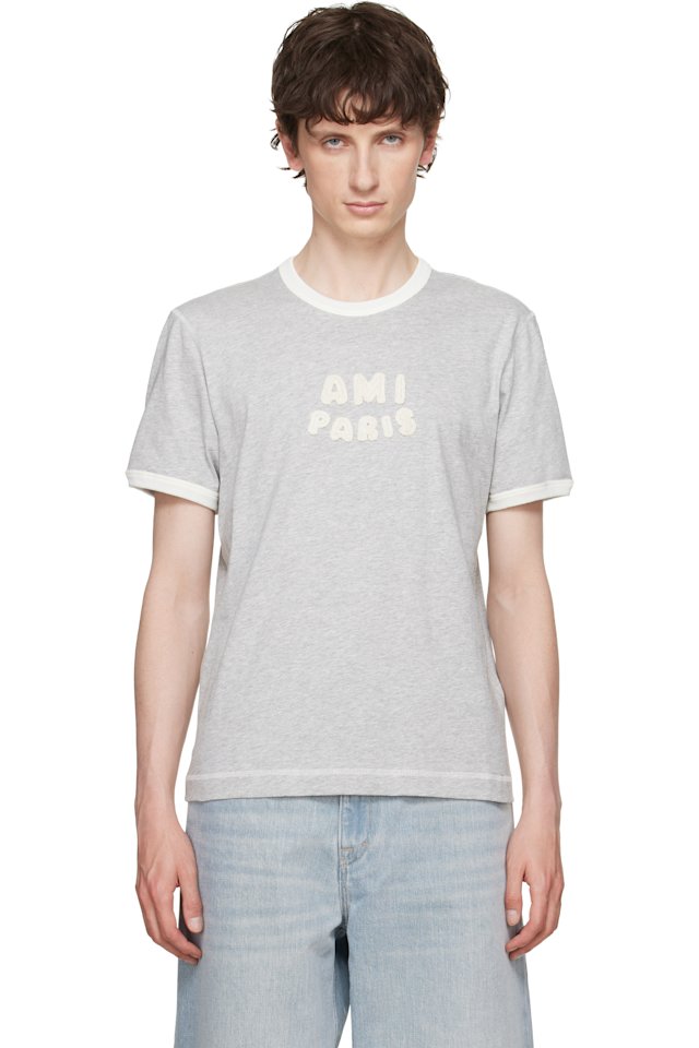 AMI Paris — Gray Cotton 'Ami Paris' Knitted Patch T-shirt