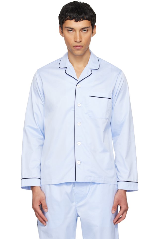 Tekla — Blue Sateen Long-Sleeved Pyjama Shirt