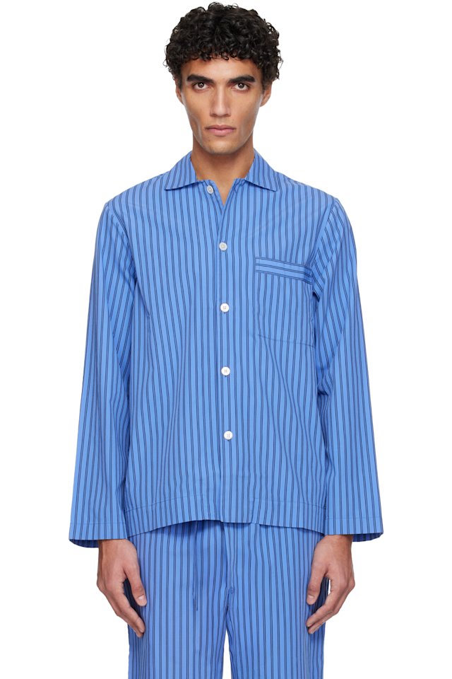 Tekla — Blue Poplin Long-Sleeved Pyjama Shirt