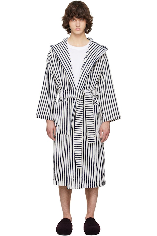Tekla — Off-White & Navy Terry Hooded Bathrobe