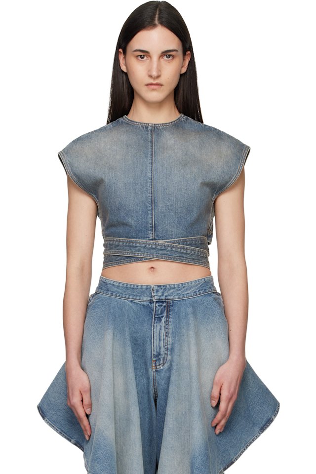 ALAÏA — Blue Belted Denim Blouse