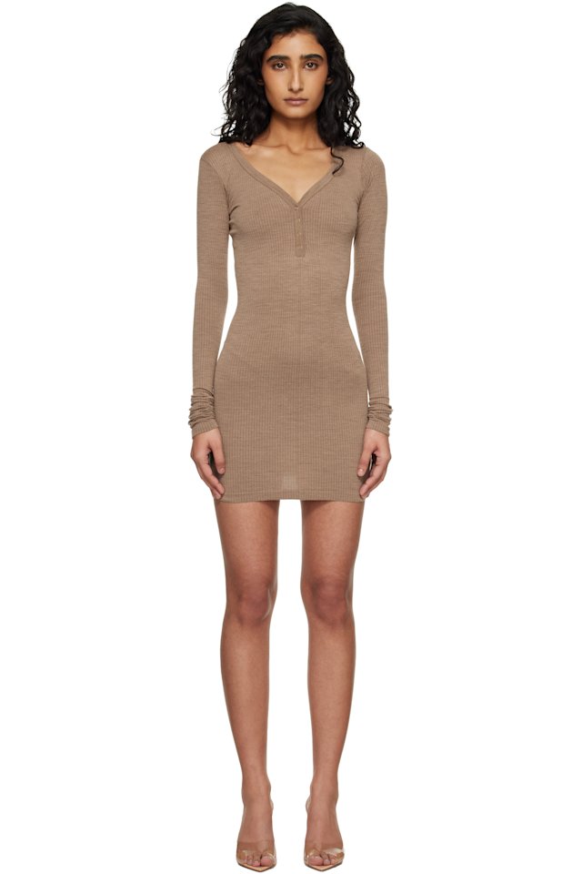 SKIMS — Brown Wool Rib Henley Minidress