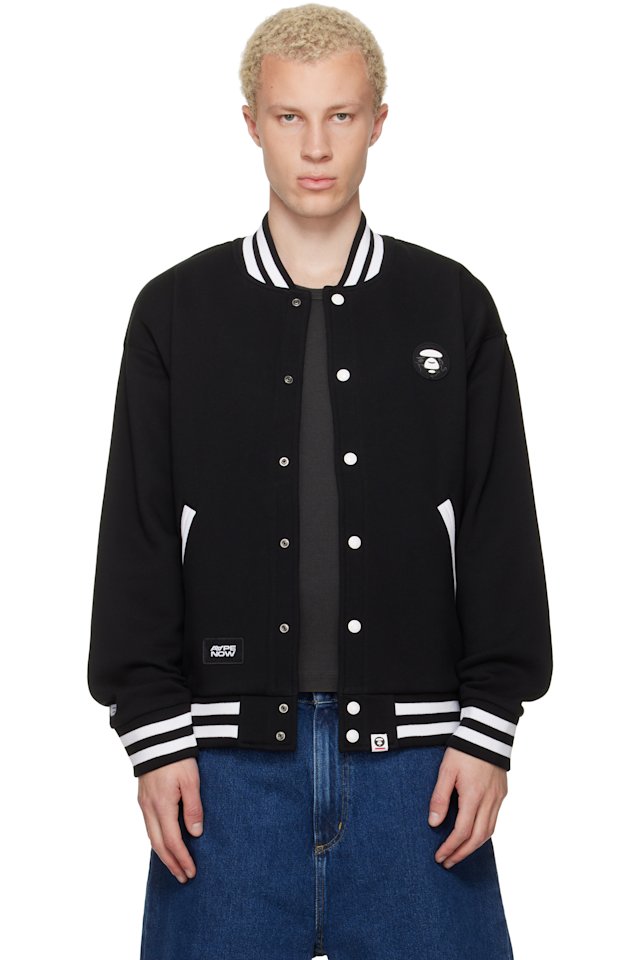 AAPE by A Bathing Ape — Black 'AAPENOW' Moonface Varsity Jacket