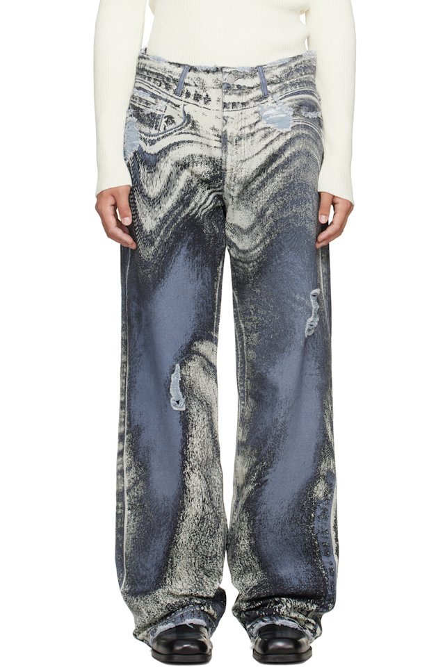 CAMPERLAB — Blue Distorted Print Distressed Denim Jeans