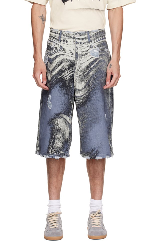 CAMPERLAB — Blue Distorted Print Distressed Denim Shorts