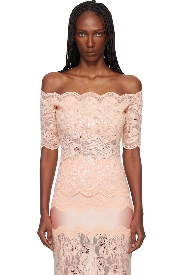 Rabanne — Pink Off The Shoulder Lace Top