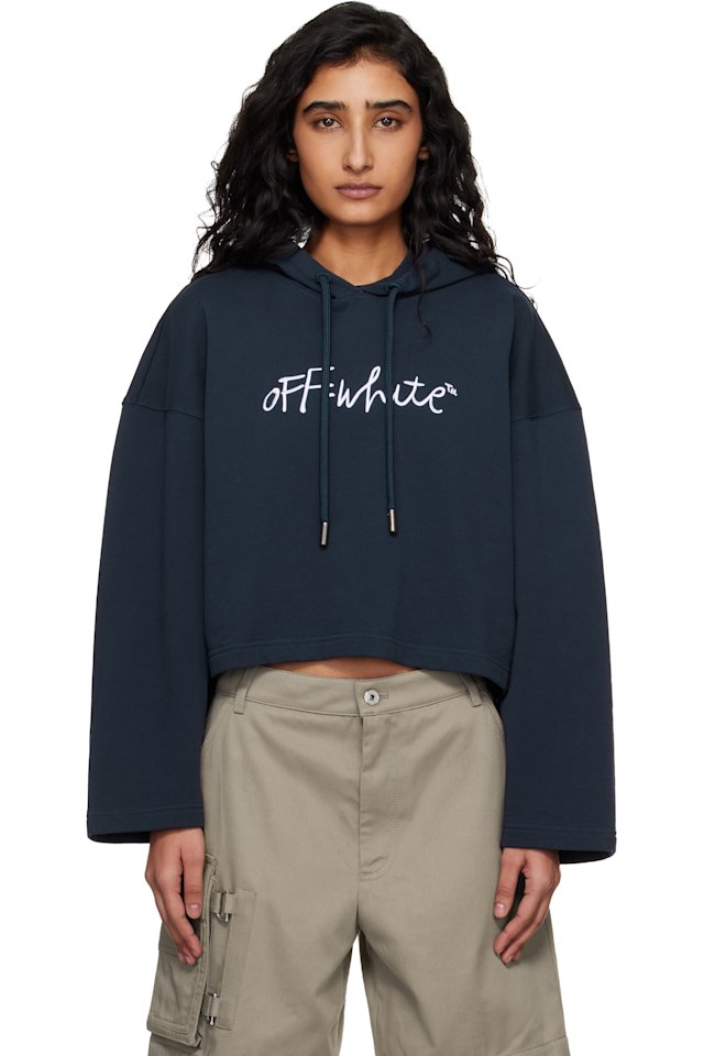 Off-White — Navy 'OW' Embroidered Script Indust Hoodie