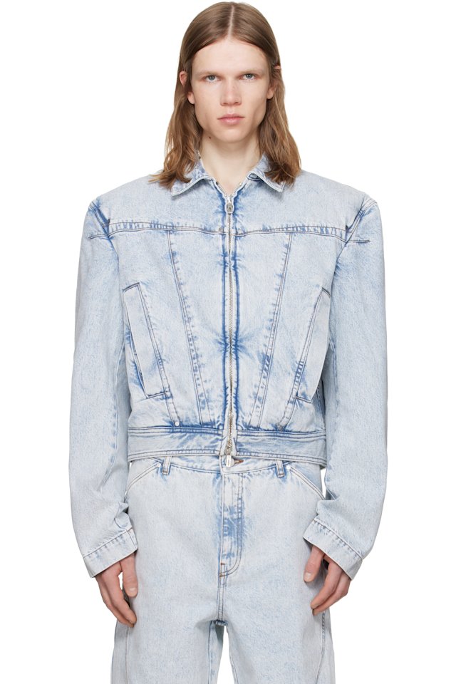 LGN Louis Gabriel Nouchi — Blue Wide-Shoulder Zipped Denim Jacket