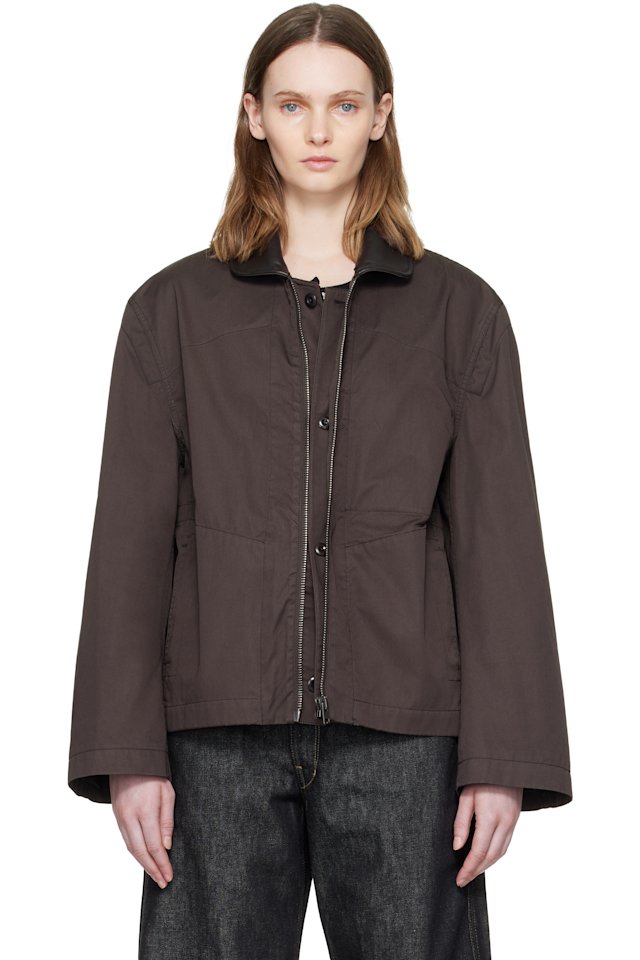 LEMAIRE — Brown Leather Collar Cotton Twill Blouson Jacket