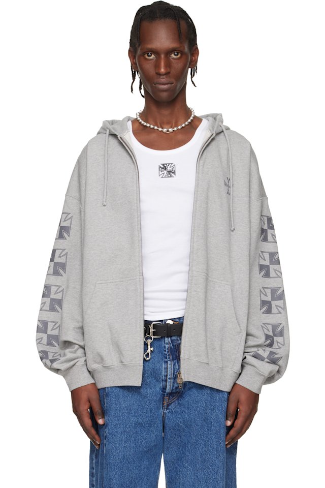 VETEMENTS — Gray Biker Cross Sleeves Zip-Up Hoodie