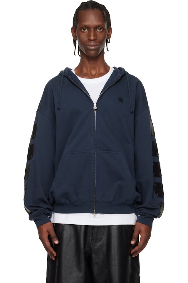 VETEMENTS — Navy Leather Biker Crosses Zip-Up Hoodie